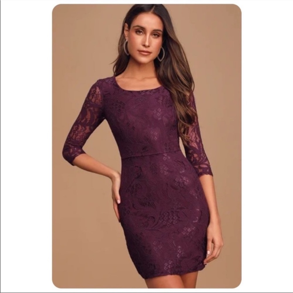 NEW Lulus Deep Purple Lace Bodicon Mini  3/4 Sleeve Dress lined